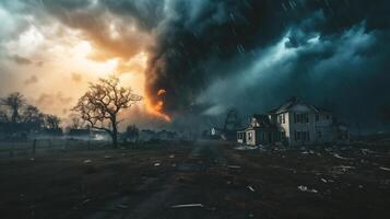 ai generado peligroso tornado terminado un casa en el medio de el bosque foto