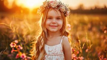 ai generado linda pequeño niña en un guirnalda de flores en el campo a puesta de sol foto