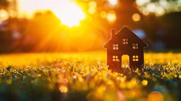 AI generated Miniature house model on green grass with sunset background. Real estate concept. photo