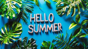 AI generated Hello Summer text with tropical leaves on blue background. Flat lay, top view photo