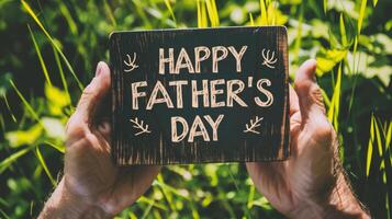 AI generated Happy Father's Day greeting card in hands on green grass background photo