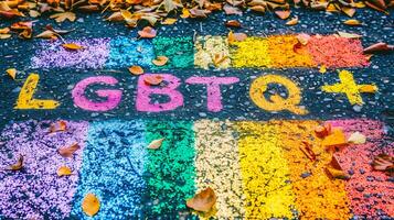 AI generated word LGBTQ written on asphalt with colorful autumn leaves and rain drops photo