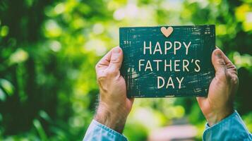 AI generated Happy Father's Day greeting card in hands on green grass background photo