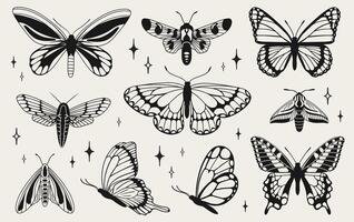 Butterflies and moths Y2k aesthetic, hand drawn. Vector graphics in trendy retro 2000s style.