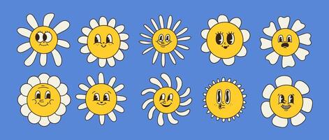 Collection of magnificent chamomile flowers. Retro daisy smiles in cartoon style. Set of happy 70s stickers. Vector graphic illustration in hippe style.