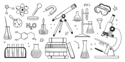 Doodle science, chemistry education school. Hand drawn doodle style. Vector hand drawn line