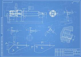 Mechanical engineering drawings on blue background. Tap tools, borer. Technical Design. Cover. Blueprint. Vector illustration.