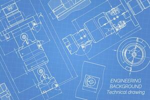 Mechanical engineering drawings on blue background. Tap tools, borer. Technical Design. Cover. Blueprint. Vector illustration.