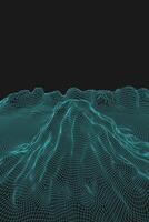 Blue abstract vector wireframe landscape background. 3D futuristic mesh mountains. 80s Retro illustration. Cyberspace technology valleys.