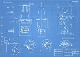 Mechanical engineering drawings on blue background. Tap tools, borer. Technical Design. Cover. Blueprint. Vector illustration.