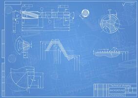 Mechanical engineering drawings on blue background. Tap tools, borer. Technical Design. Cover. Blueprint. Vector illustration.