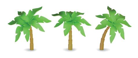 Set of 3D cartoon tropical palm trees. Minimal realistic jungle trees on white background. Vector illustration