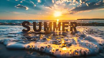 ai generado palabra verano en el antecedentes de el mar y el puesta de sol. foto