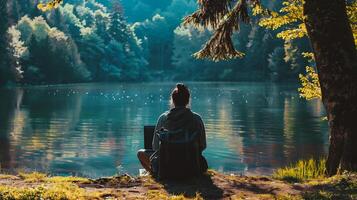 ai generado mujer sentado en un rock por el lago y trabajando en ordenador portátil foto