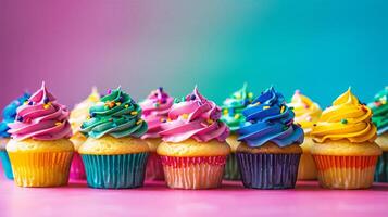 AI generated Colorful cupcakes with buttercream frosting on colorful background. photo