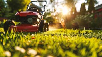 AI generated Lawn mower on green grass in the garden. Gardening concept. photo