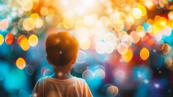 AI generated Cute little boy with colorful bokeh background. Vintage style. photo