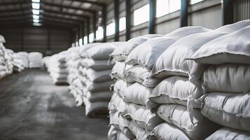 ai generado pila de blanco sacos en depósito. industrial antecedentes foto