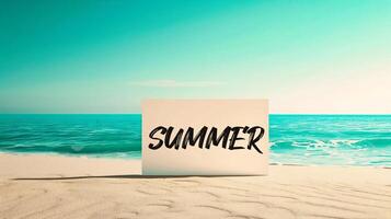 AI generated Summer message on paper card on the sand with sea and sky background photo