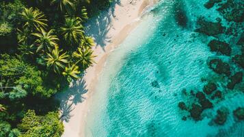 ai generado aéreo ver de hermosa tropical playa y mar con Coco palma árbol para viaje y vacaciones foto