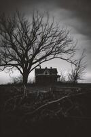 AI generated Abandoned house in the middle of the field. Black and white photo