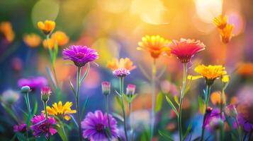 AI generated Colorful flowers in the meadow. Beautiful nature background. Soft focus. photo