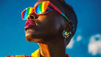 ai generado cerca arriba retrato de hermosa africano americano mujer con brillante maquillaje y Gafas de sol foto