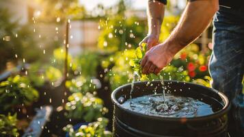 ai generado manos de un hombre torrencial agua desde un riego lata en un jardín foto