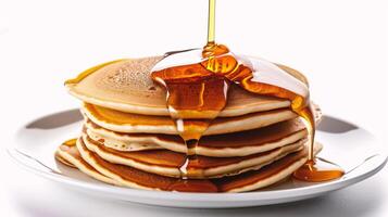 AI generated Pancakes with honey on a white background photo