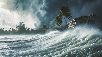 AI generated Stormy ocean waves with palm trees and houses on the shore photo