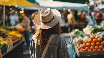 AI generated Back view of young woman with straw hat looking at fruits and vegetables at market photo