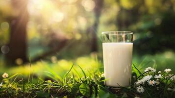 AI generated Glass of milk on green grass with bokeh light background. photo