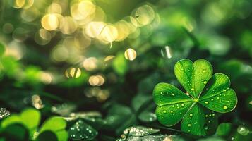 AI generated Green clover leaf with bokeh background, Saint Patrick's day concept photo