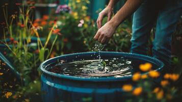 ai generado manos de un hombre torrencial agua desde un riego lata en un jardín foto