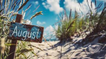 AI generated Wooden signboard with the text August on the beach photo