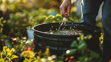 ai generado manos de un hombre torrencial agua desde un riego lata en un jardín foto