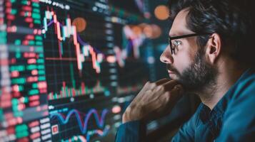 AI generated Side view of businessman in eyeglasses looking at stock market data on digital screen photo