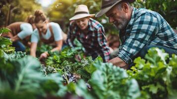 ai generado grupo de agricultores trabajando en un vegetal jardín foto