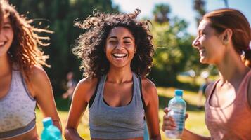 ai generado grupo de amigos hacer ejercicio juntos en el parque. ellos son sonriente y mirando a cámara. foto