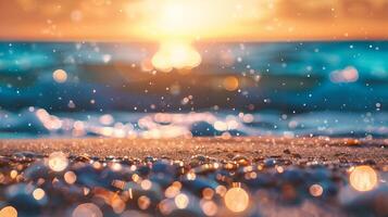 ai generado suave ola de el mar en el arenoso playa a puesta de sol hora foto
