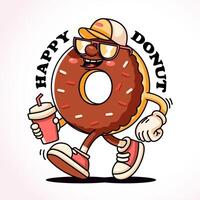 Donut walks casually holding drink, retro mascot character. Perfect for logos, mascots, t-shirts, stickers and posters vector