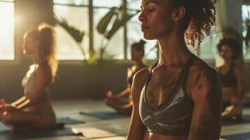 AI generated Side view of young african american woman meditating in yoga studio photo