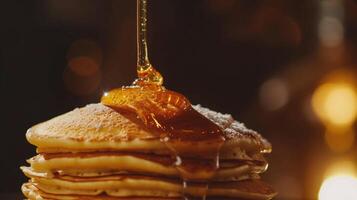 AI generated Honey dripping from a maple syrup on a stack of pancakes photo