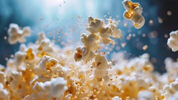 AI generated Popcorn falling into the air on a dark background. Motion photo