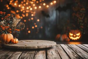 AI generated Halloween background with pumpkins and place for text on wooden table photo