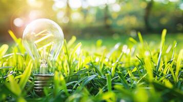 AI generated Light bulb on green grass with copy space, ecology and environment concept photo