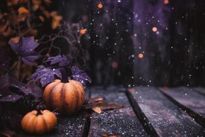 AI generated Halloween background with pumpkins, autumn leaves and bokeh photo