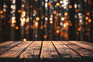 AI generated Wooden table in front of blurred background with bokeh effect photo