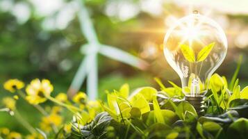 AI generated Energy saving light bulb on grass with wind turbine in the background photo