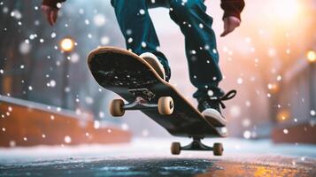 ai generado skater montando un patineta en un Parque de patinaje rampa foto